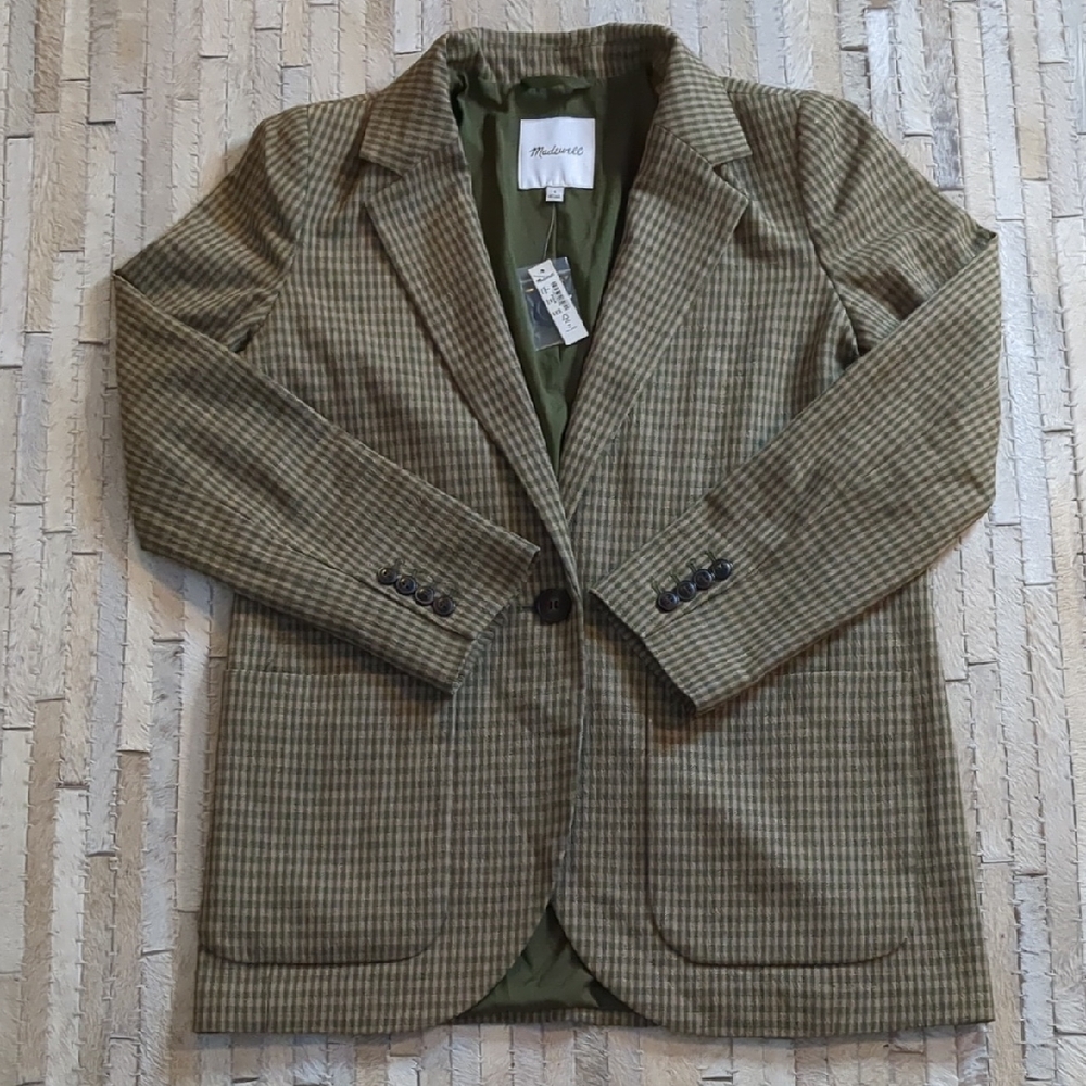 Madewell Larsen Houndstooth Tan/Green Blazer NWT